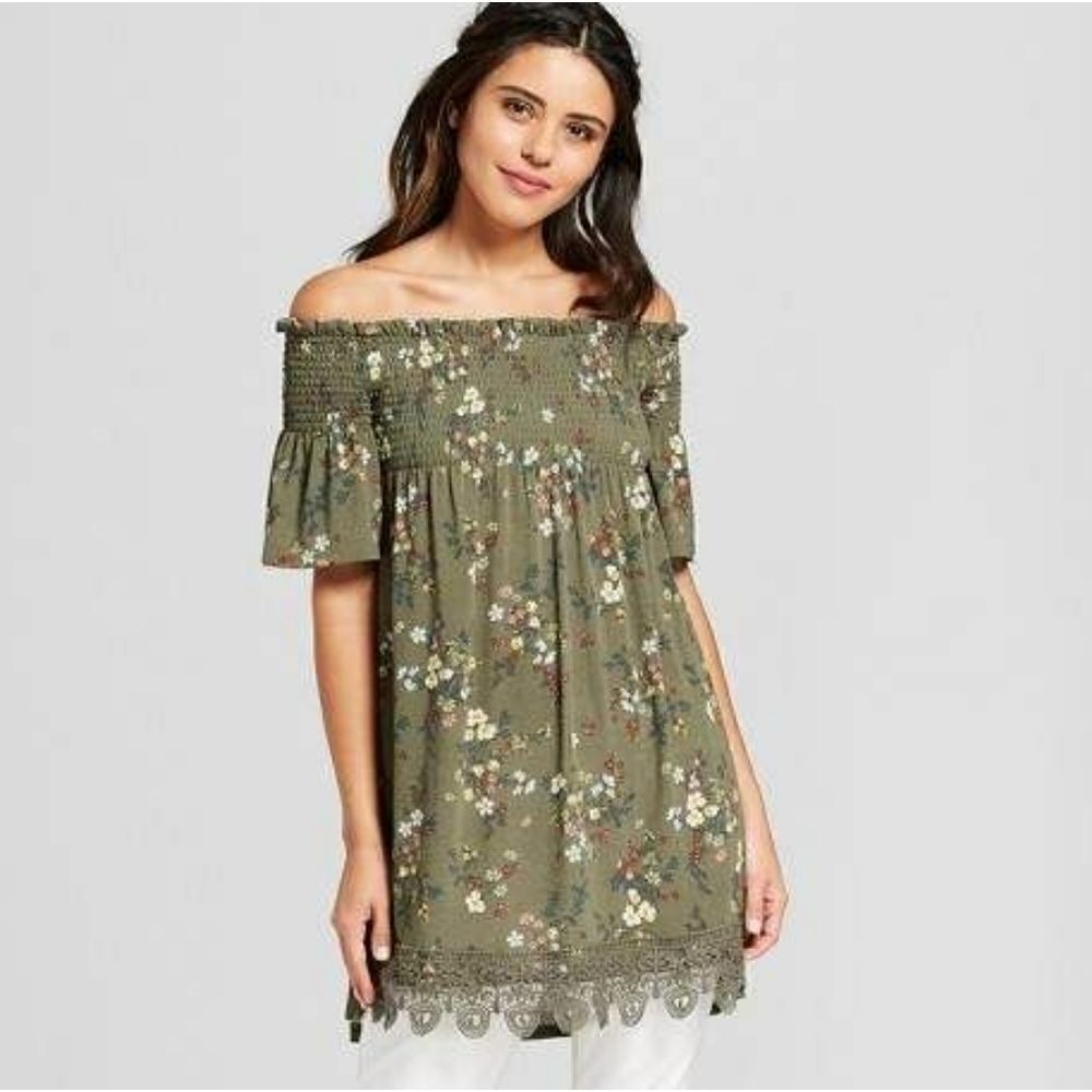 Xhilaration Green Floral Smocked Off the Shoulder Babydoll Dress